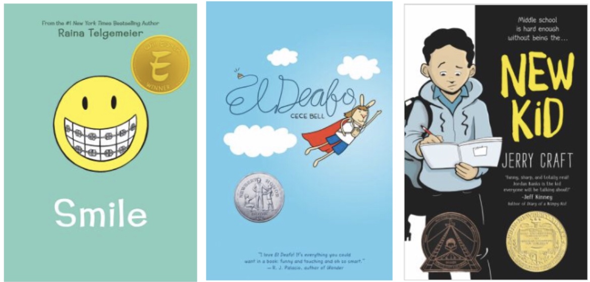 Smile, El Deafo, New Kid book covers