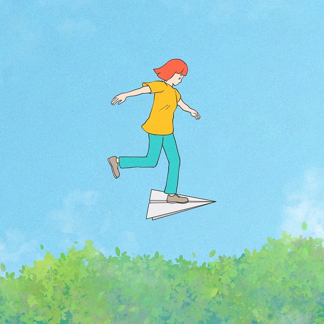 A girl flying in the sky, balancing on a paper airplane.