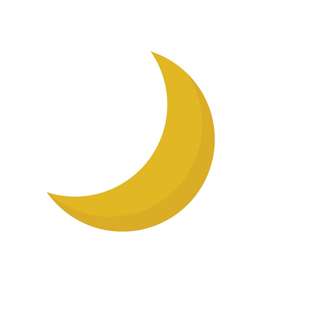A yellow crescent moon. 