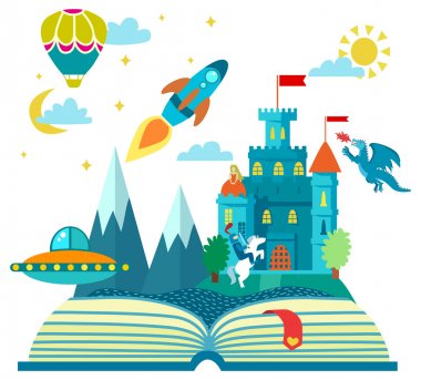Open book with castle, dragon, rocketship, and more coming out
