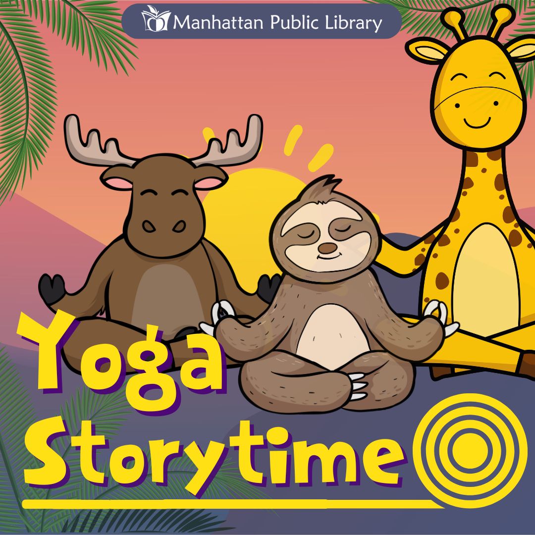 Yoga Storytime graphic with animals in yoga poses