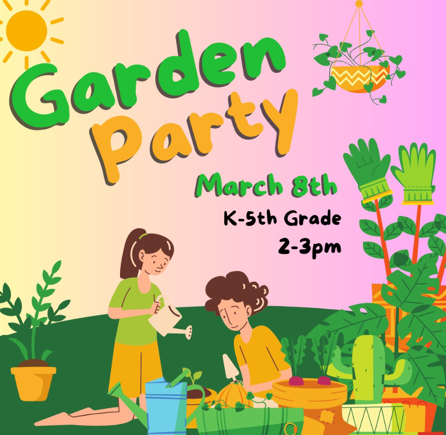 Garden Party March 8th graphic with 2 people gardening