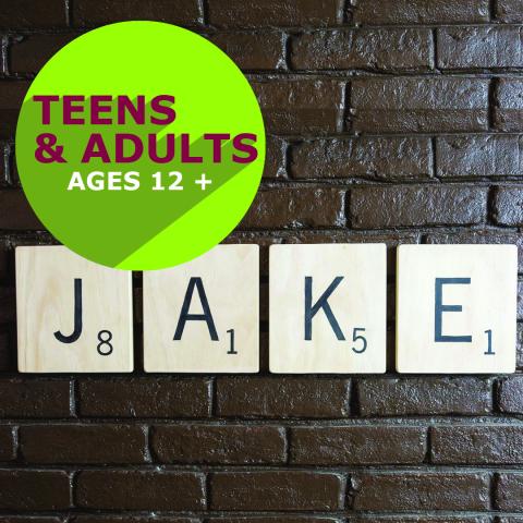 Teens & Adults with photo of scrabble letters JAKE