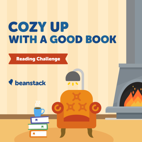 Cozy Up With a Good Book Reading Challenge with image of chair, books and fireplace