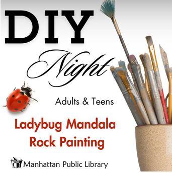 DIY Night Ladybug Mandala Rock Painting for adults and teens with graphic